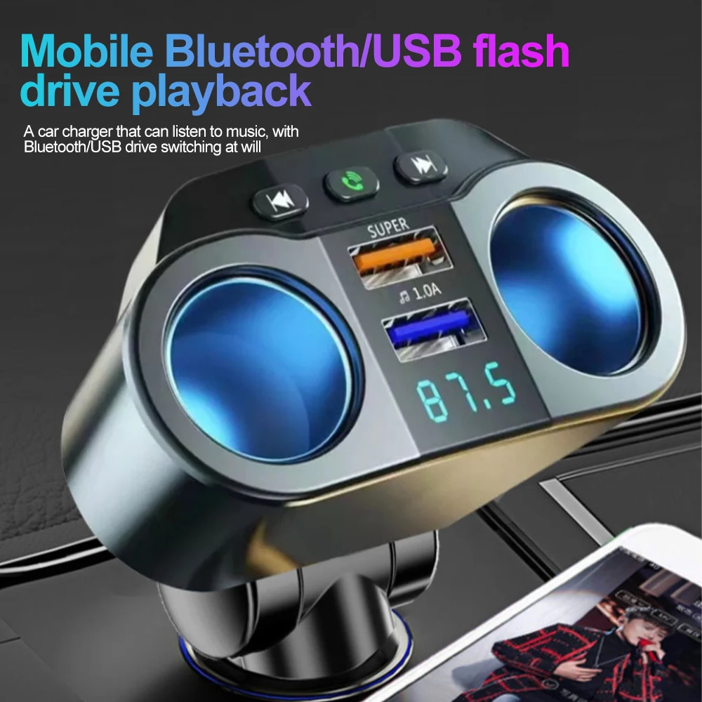 Bluetooth 5.3 FM Transmitter Dual USB Quick Charge Adapter for Car Charger 12V/24V Car Cigarette Lighter Splitter Socket
