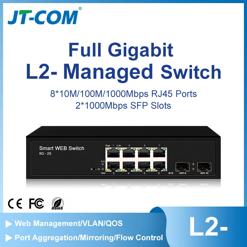 JT-COM L2- Managed switch with 2*1000M SFP slot ports and 8*100/1000M RJ45 ports