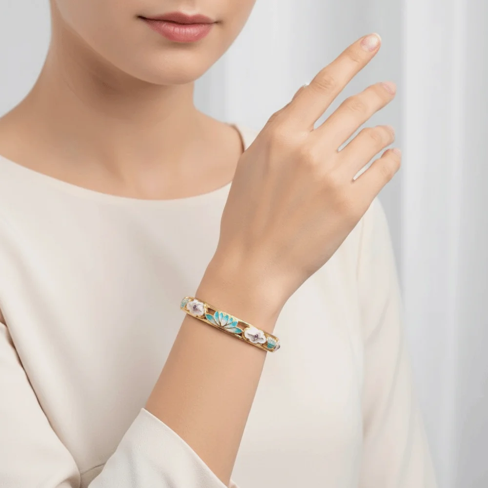 Elegant Enamel Floral Bangle Chinese Style Electroplating Hollow Out Bangle Alloy Rich Colors Women's Flower Bracelet Women