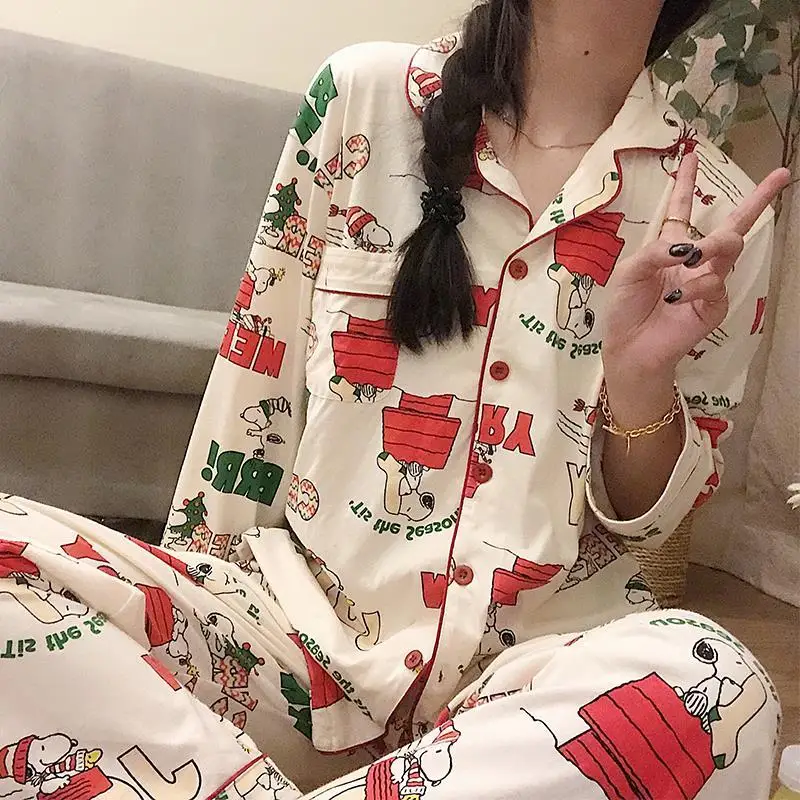 Ins Christmas Tree Snoopy Pajamas Cartoon Soft Female Cardigan Couple Long Sleeved Trousers Anime Home Service Suit Girls Gifts