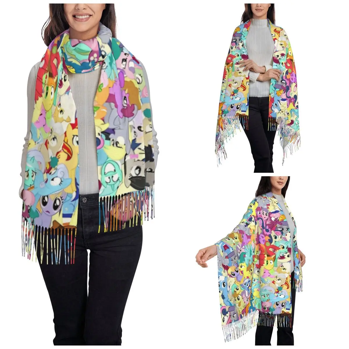 My Little Pony Background Pony Mess Scarf for Women Fall Winter Shawl Wrap Long Scarves with Tassel Ladies