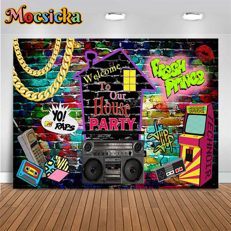 Mocsicka 90s Hip Hop Fresh Prince Party Photography Backdrops Graffiti Brick Wall Boombox Arcade Game Old School Rap Backgrounds