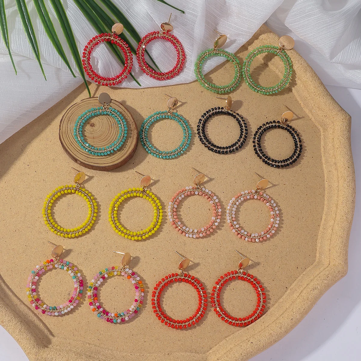 

Bohemia Rice bead earrings Big circle Multicolored Crystal Hand-woven Alloy Fashion A sense of sophistication Beaded earrings