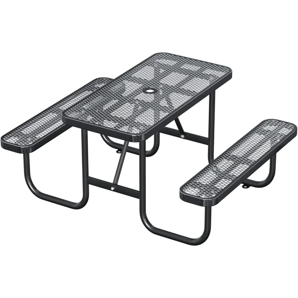 

4FT Rectangular Outdoor Picnic Table and 2 Benches Set with Umbrella Hole, Metal Expanded Commercial Steel Heavy Duty Sturdy Pic