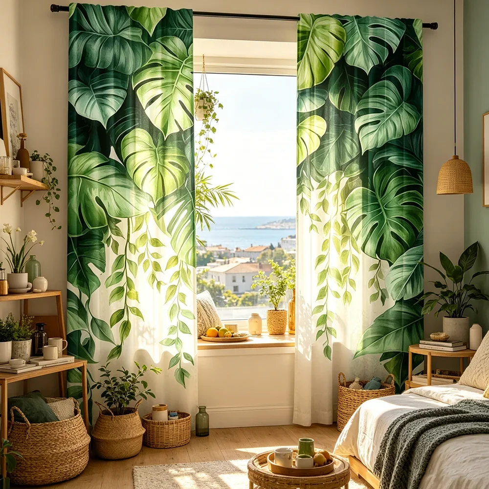 2PCS Digital Printed Curtains, Nordic Green Vines Pattern, Artistic Pattern Window Drapes for Living Room Bedroom Decor