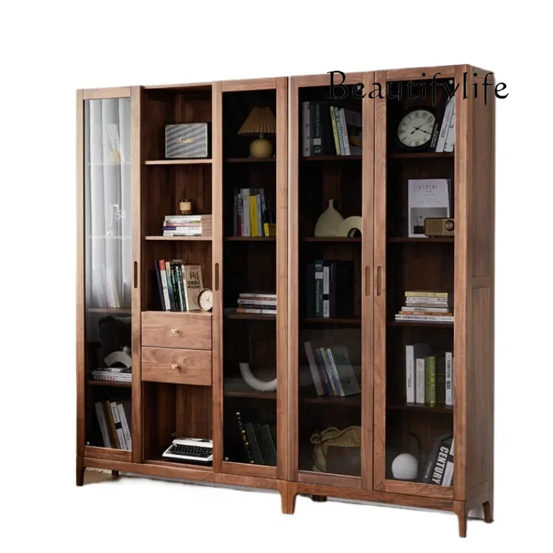 

Solid wood bookcase Bookshelf Nordic black walnut storage, storage, floor-to-ceiling bookcase with glass door