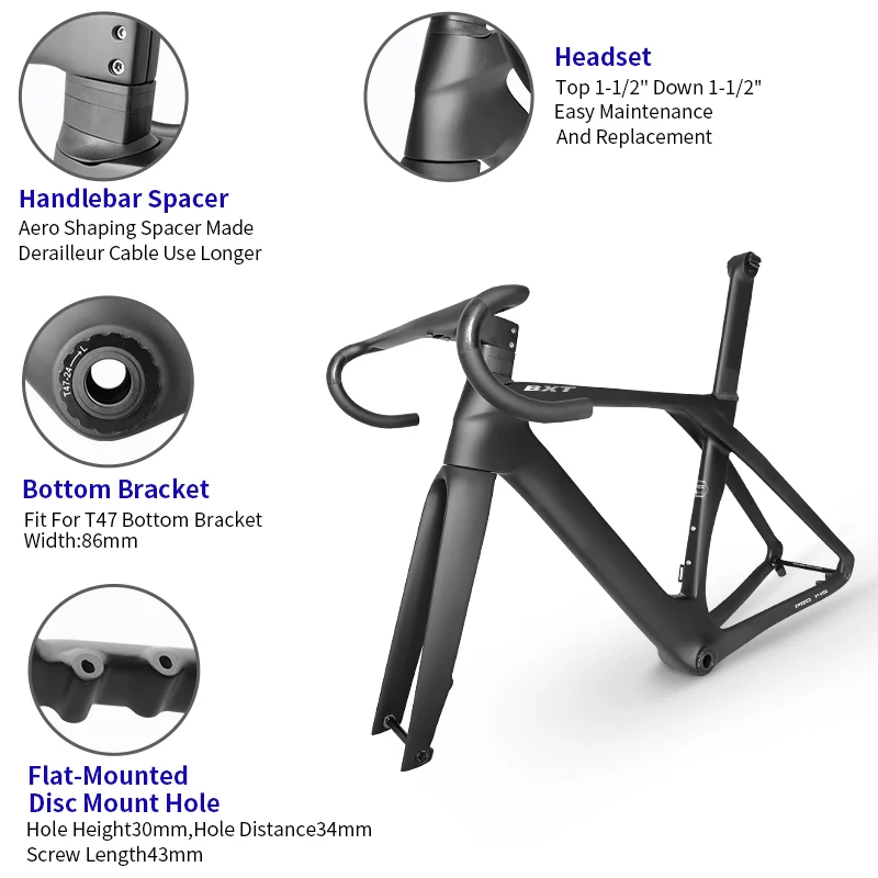 BXT-Full Carbon Disc Brake Bike Frame, Full Hidden Cable, Road Bicycle Frame, T47 BSA with Handlebar