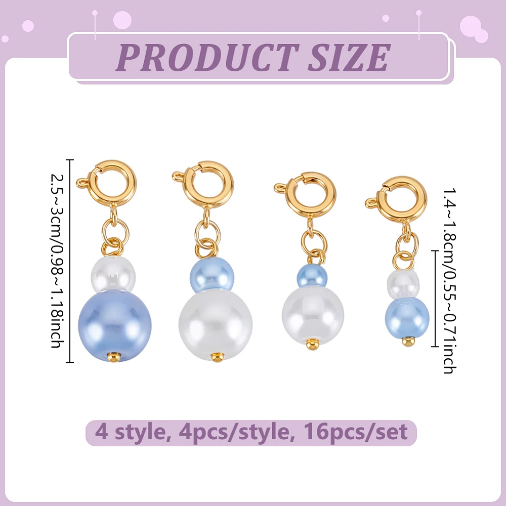 16pcs Pearl Bouquet Charms 4 Styles Blue White Wedding Pearl Charms Gift Charm Pendants with Brass Clasp for Birthday Valentine