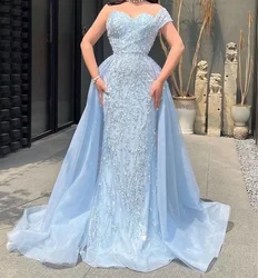 Elegant Light Blue Long Evening Dresses with Detachable Train 2024 Sparkle Beaded Sequins Formal Party Gowns for Women