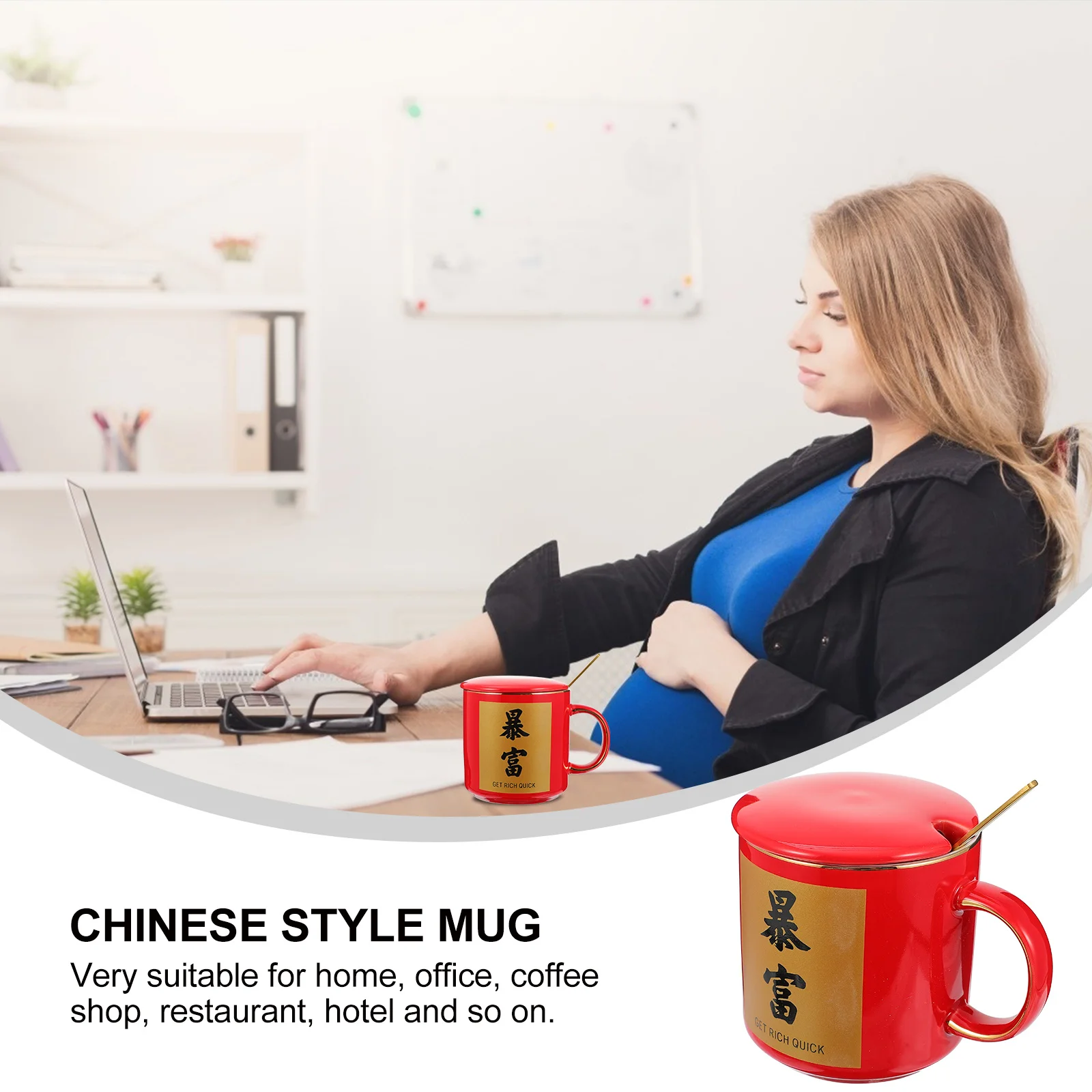 

1Set Creative Ceramic Chinese Style Tea Mug with Spoon Lid Festival Character Design Large Capacity Coffee Cup