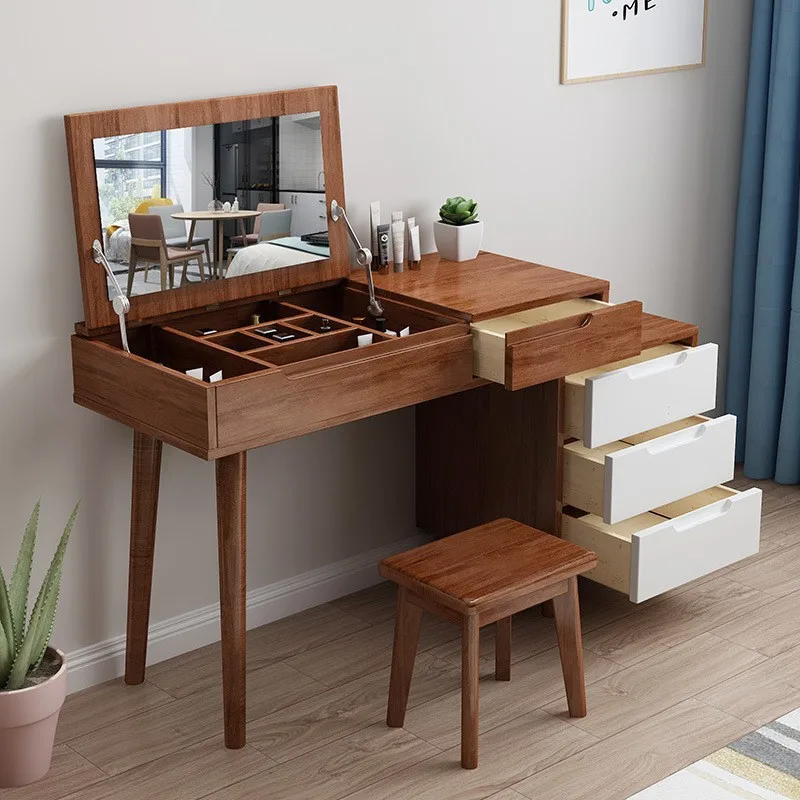 All solid wood dresser storage cabinet integrated Nordic small apartment bedroom clamshell makeup table and stool multi-function