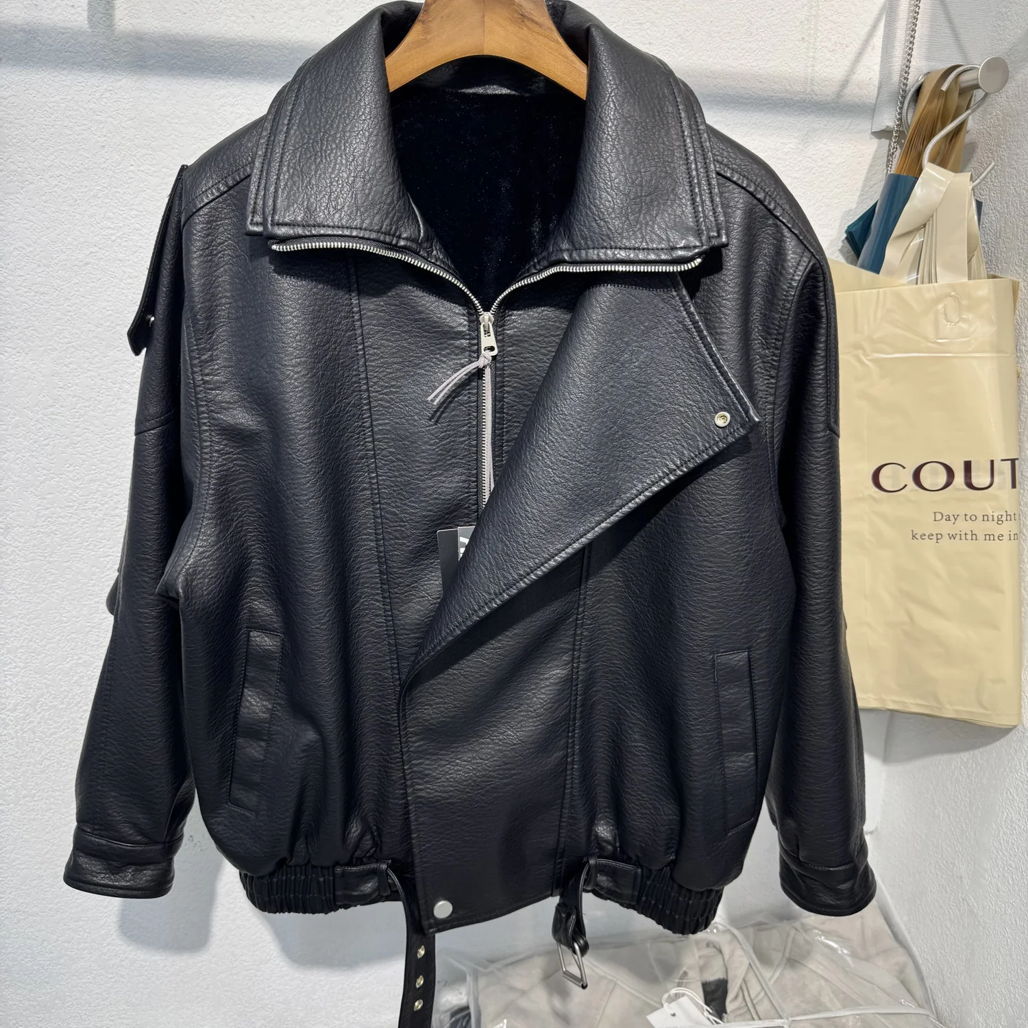 

Casual Fce Lined Thiened Leather Jaet Men's Loose Outerwear Sli Warmth Long Sve Zipper Closure Color