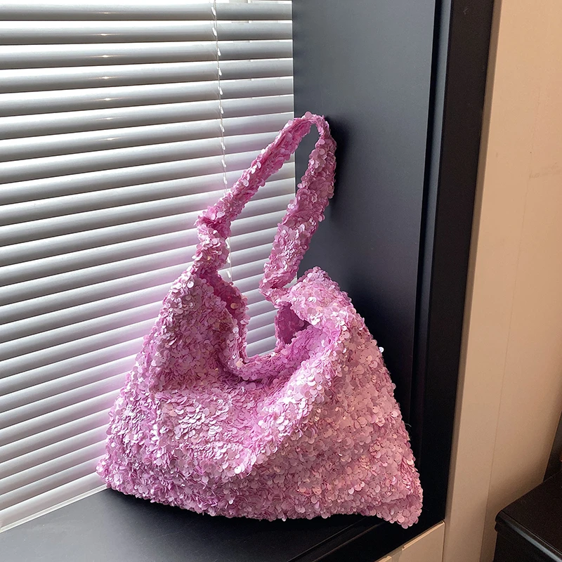 Sparkly Sequin Large Triangle Tote Women Black White Pink Blue Knotted Handle Handheld Single Shoulder Party Shopping Handbag