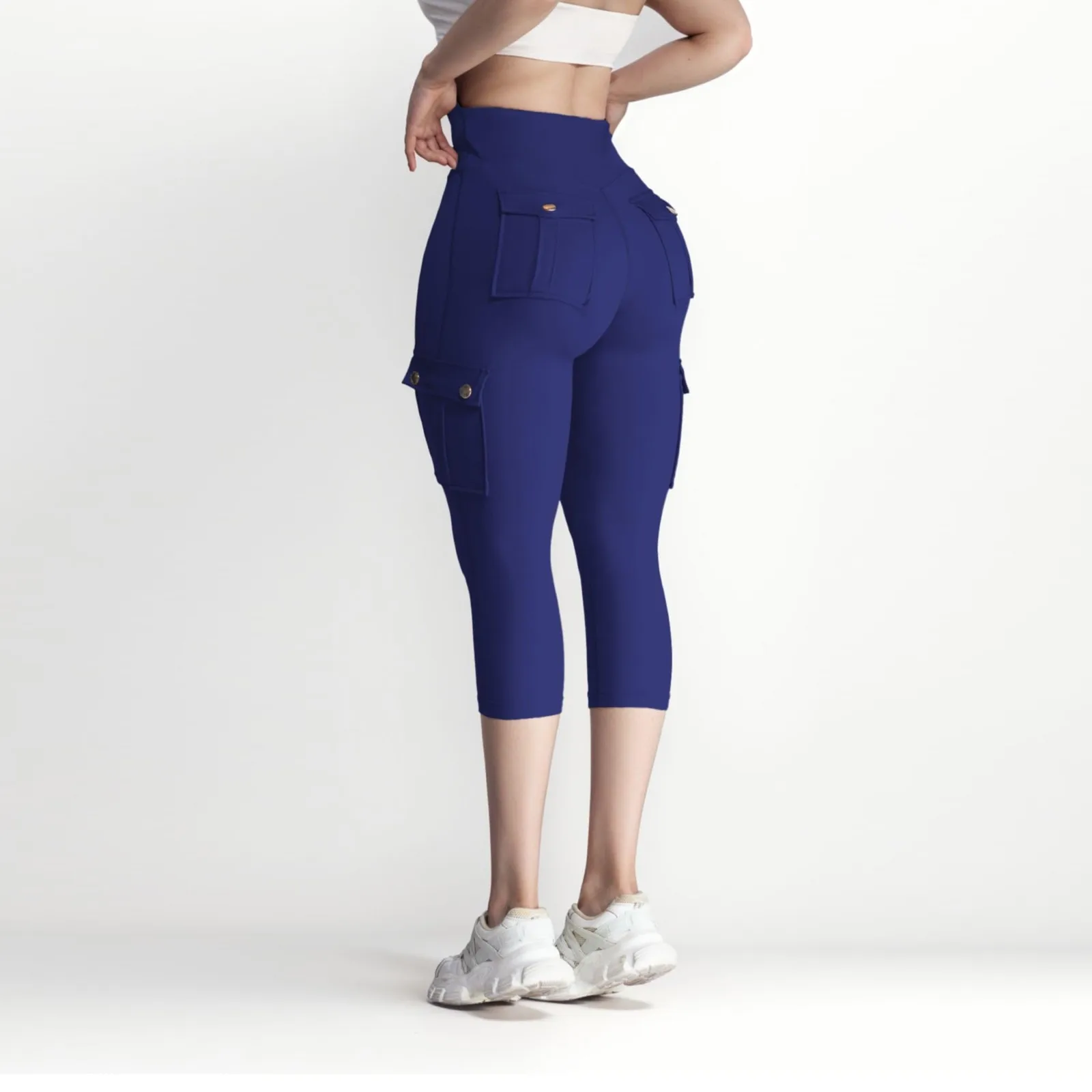Leggings da Yoga Capris da donna causale Fitness Jogging sport 3/4 lunghezza pantaloni Capris pantaloni elastici semplici solidi con tasche
