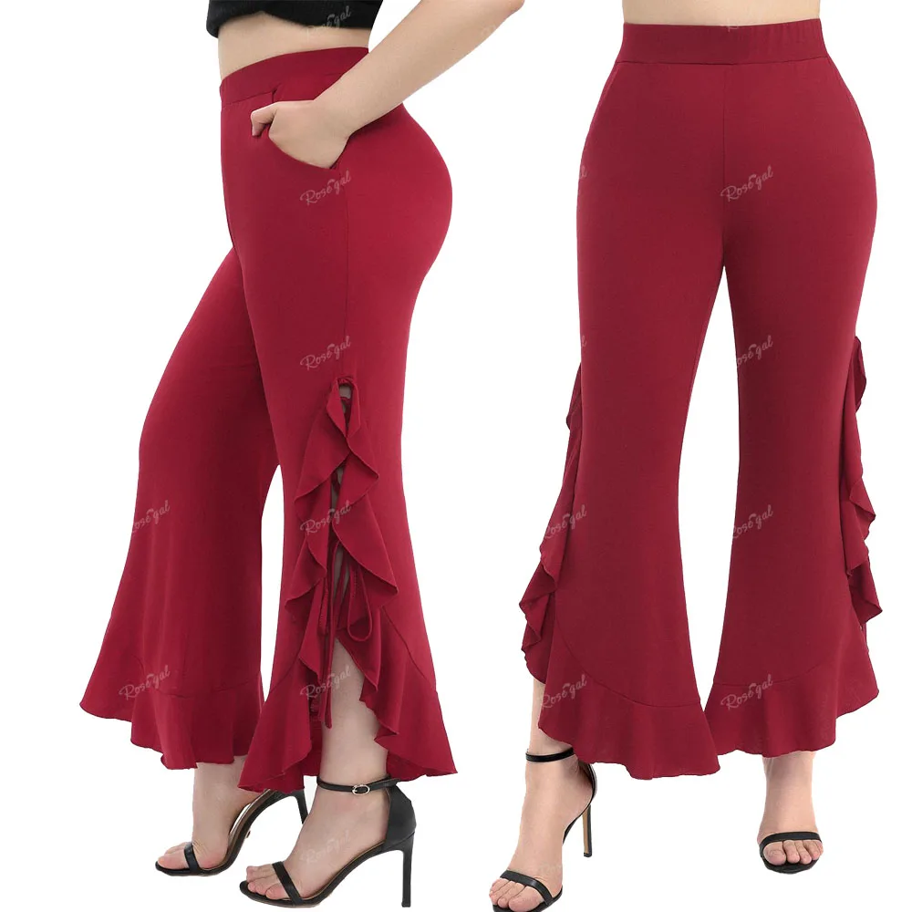 ROSEGAL Plus Size Side Lace Up Braided Pocket Pants Red Women's Casual Streetwear Boot Cut Pant New Ruffles Trousers Mujer