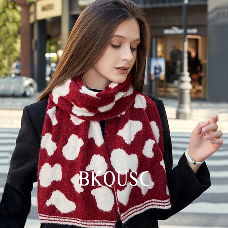 Women Christmas Gift Spotted Scarf for Girls New in Winter Warm Knitted Wool Scarves Female All-match Thickened Cute Red Scarf