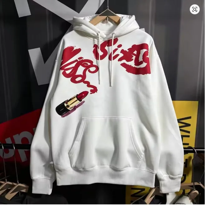 Kiss Six Graffiti Hoodie Red Lipstick Print Pullover Sweatshirt Unisex Oversized Streetwear Casual Hooded Tops
