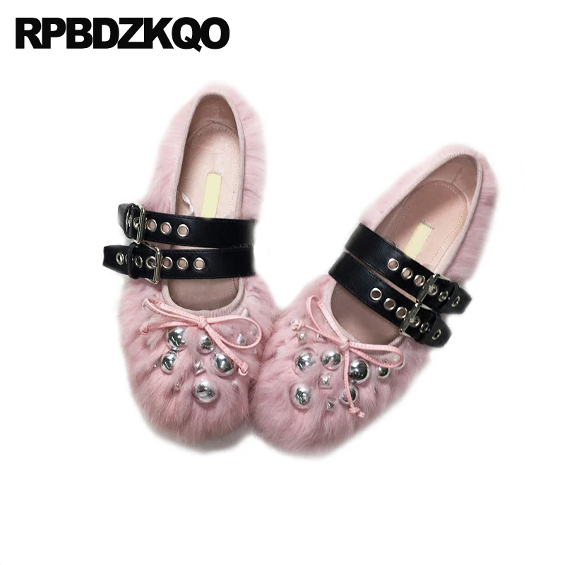 

Flats Mary Jane Bowknot Ballet 33 Belts Fluffy Rabbit Women Elevator Fur Ballerina Strap Up Shoes Fuzzy Stud Ribbon Tie Rivet