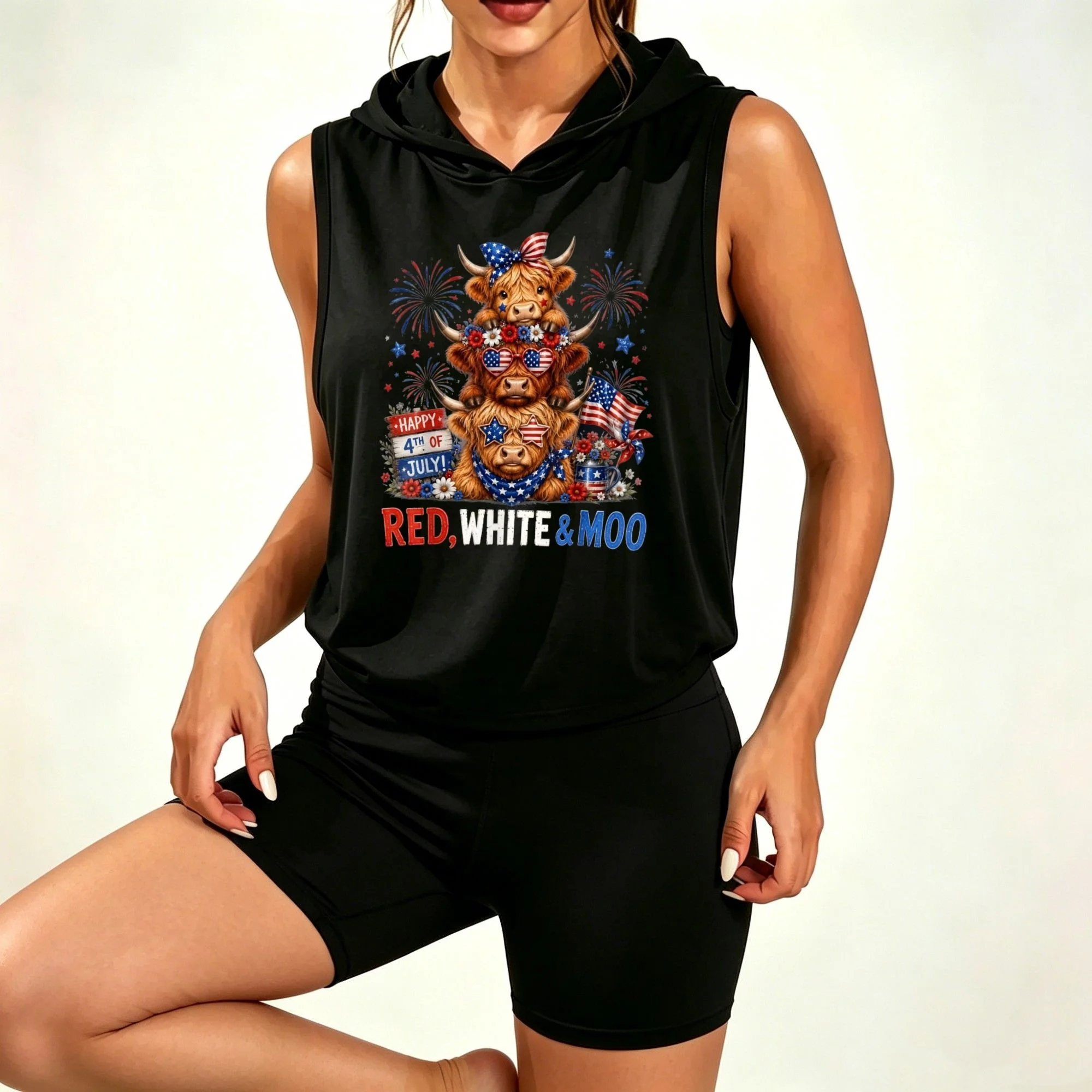Women Highland Cow 4th of July Patriotic Print Sleeveless Hooded Tank Top & High‑Waist Biker Shorts Set,casual activewear for  summer Independence Day
