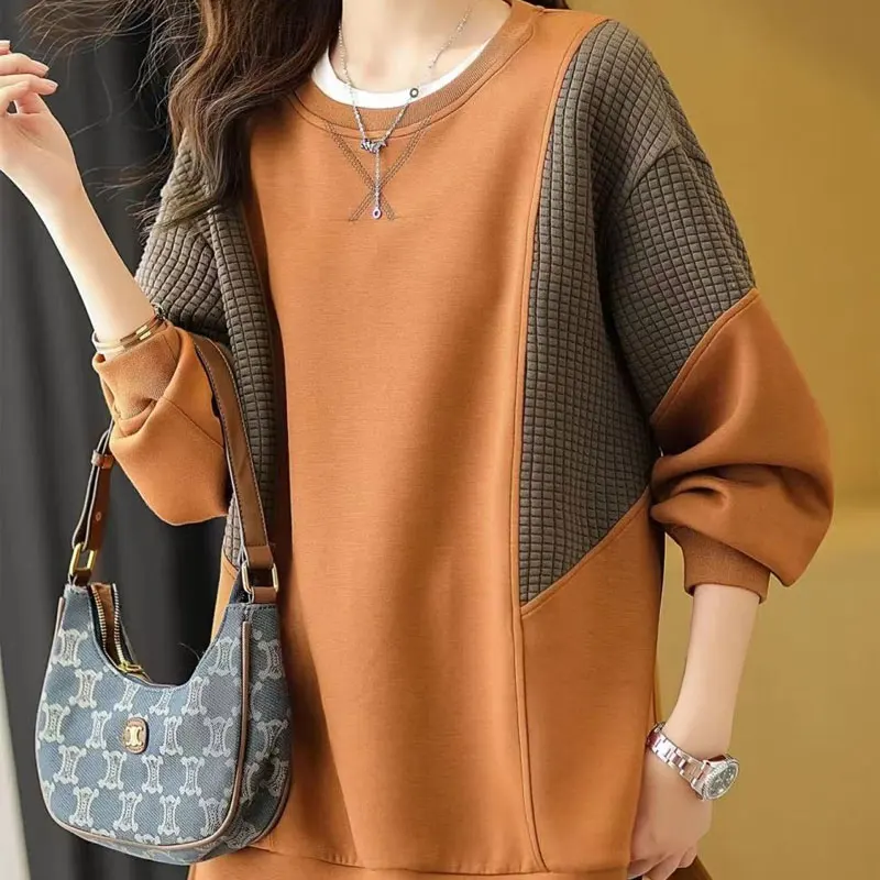 Korean Patchwork Loose Sweatshirts Women's Clothing Casual Round Neck 2023 Spring Autumn Fashion Solid Color All-match Pullovers