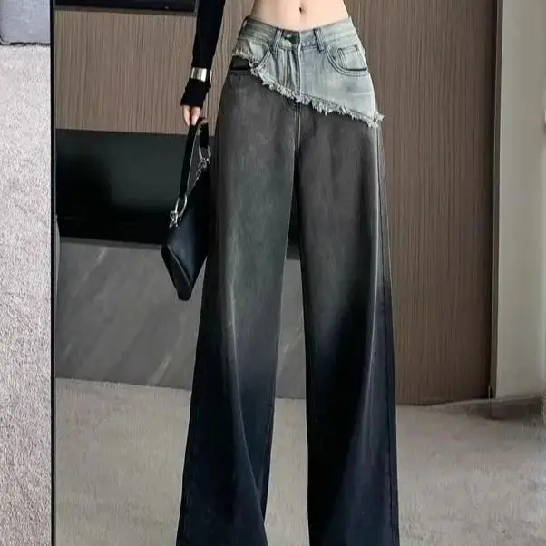 

Autumn Winter New Female American Gradient Tie-Dyed Wide-Leg Jeans Loose Slim Street Wind Waist Trousers Drooping