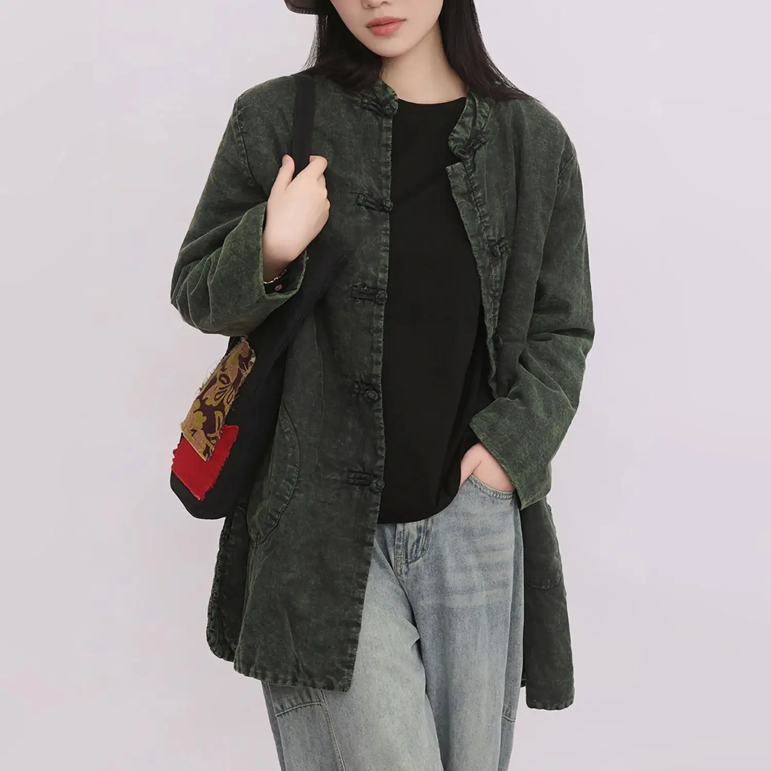 LZJN 여성용 겨울 젠 스타일 빈티지 솜 패딩 코트, 만다린 칼라 버튼형 따뜻한 재킷, 태극권 의류 디자인.