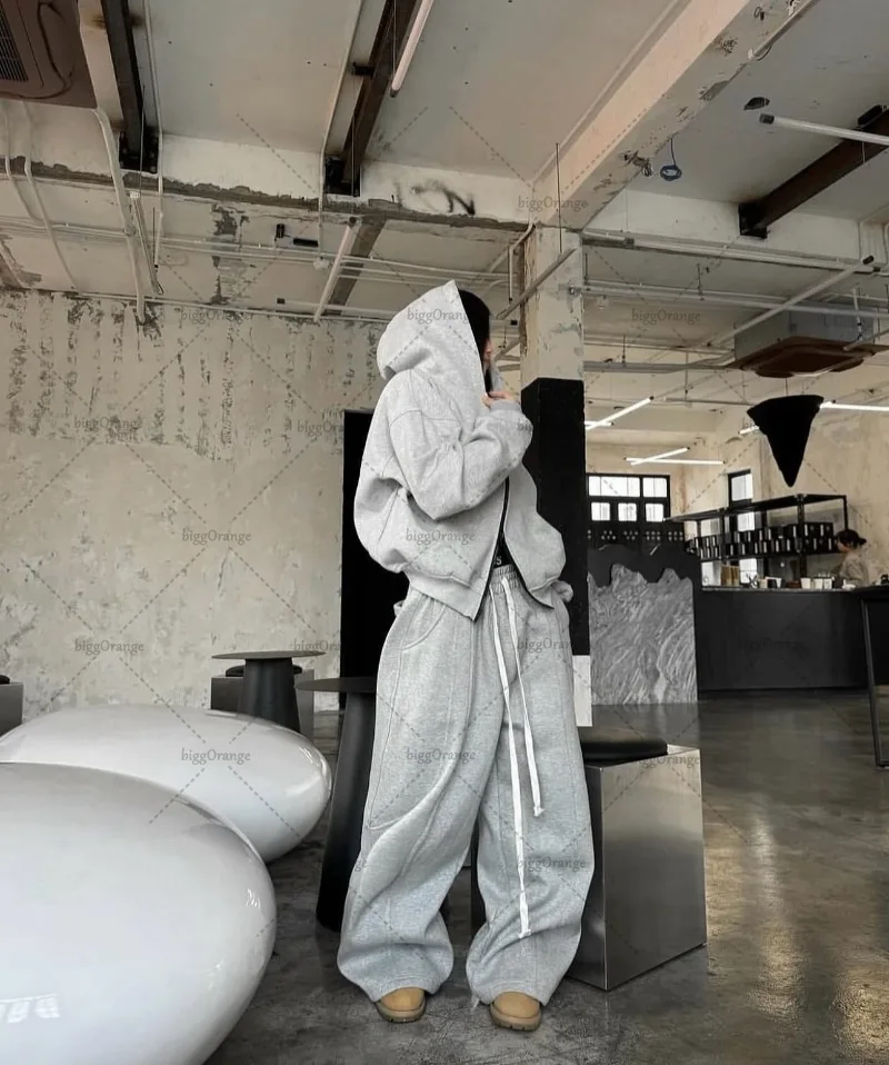 هاي ستريت الأمريكية الرجعية الشارع الشهير المرأة البدلة قطعتين مجموعة العصرية Harajuku قلنسوة بسحاب عادية الربط رمادي Sweatpants