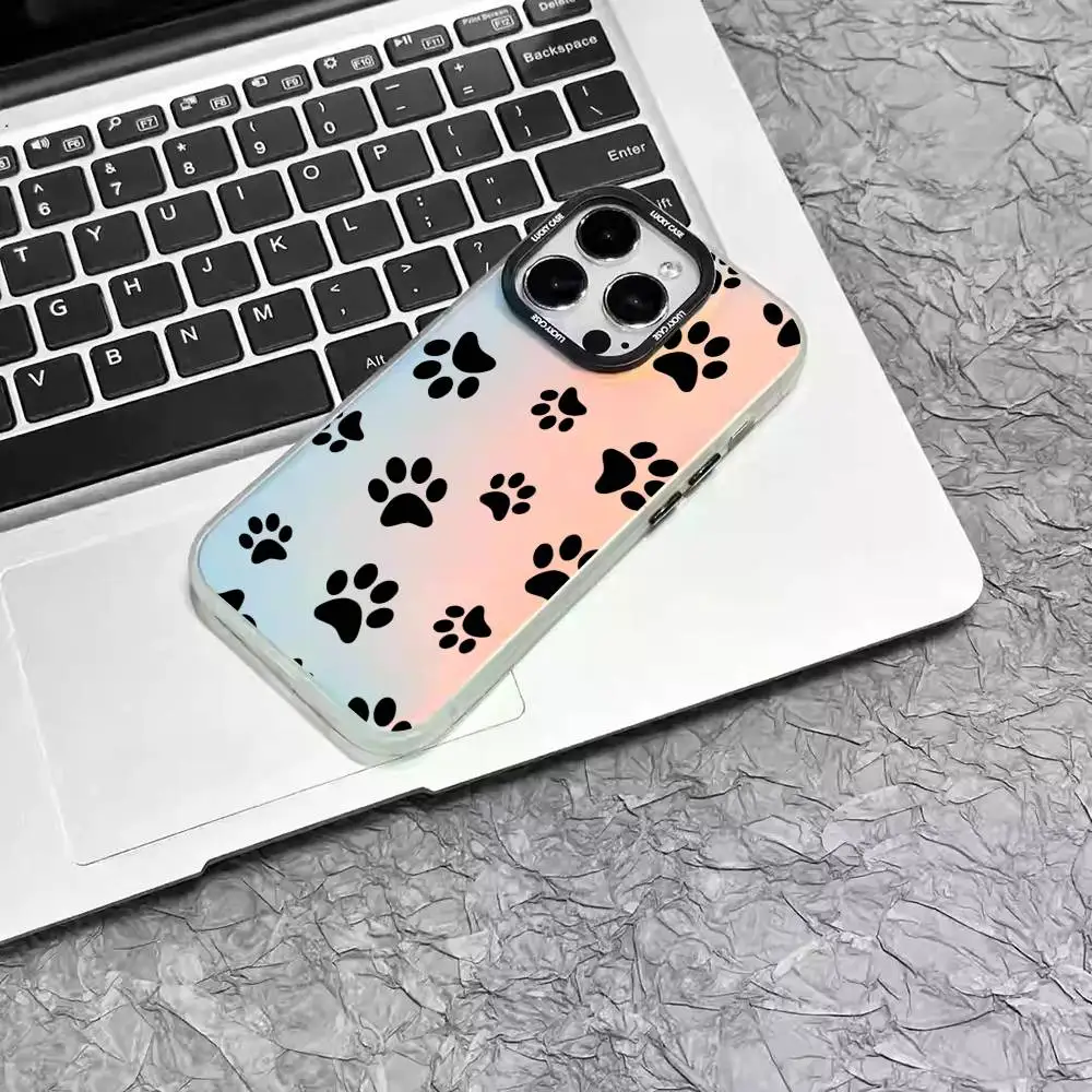 1pc Black Cat Footprints Print Phone Case Laser IMD Color Silver Shell For IPhone 17 16 15 14 13 12 11 Air Pro Max Plus