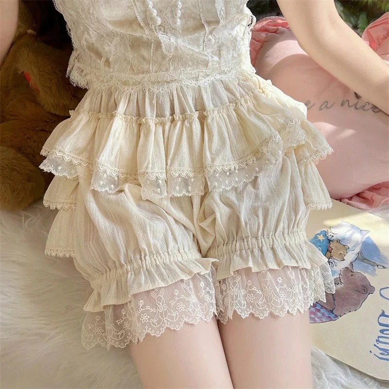 White Ruffle Knickers Women Kawaii Pumpkin Panties Cute Lace Bowknot Lolita Safety Shorts Pants Vintage Victorian Bloomers