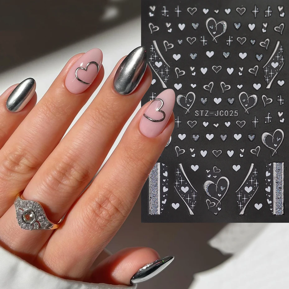 2 pcs Silvery Heart Nail Stickers Metallic Big Heart Adhesive Nail Design Valentine's Day Y2K Fashion Element Nail Supplies