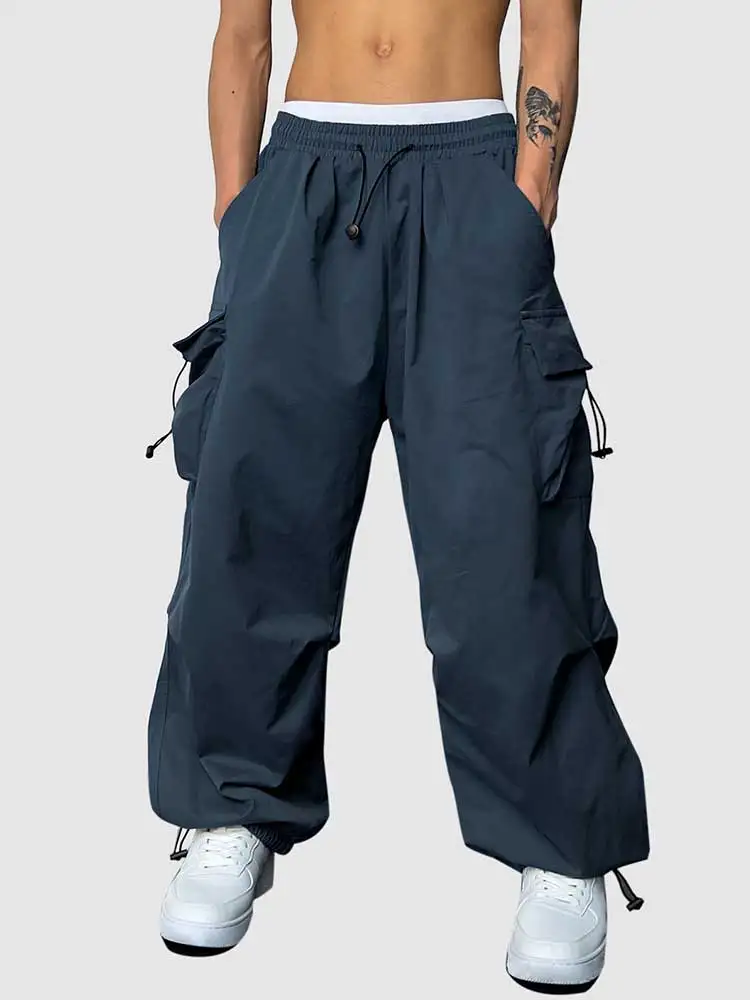 

ZAFUL Loose Fit Cargo Pants for Men Solid Streetwear Tooling Trousers Mid-waist Drawstring Beam Feet Parachute Pants Z5074713