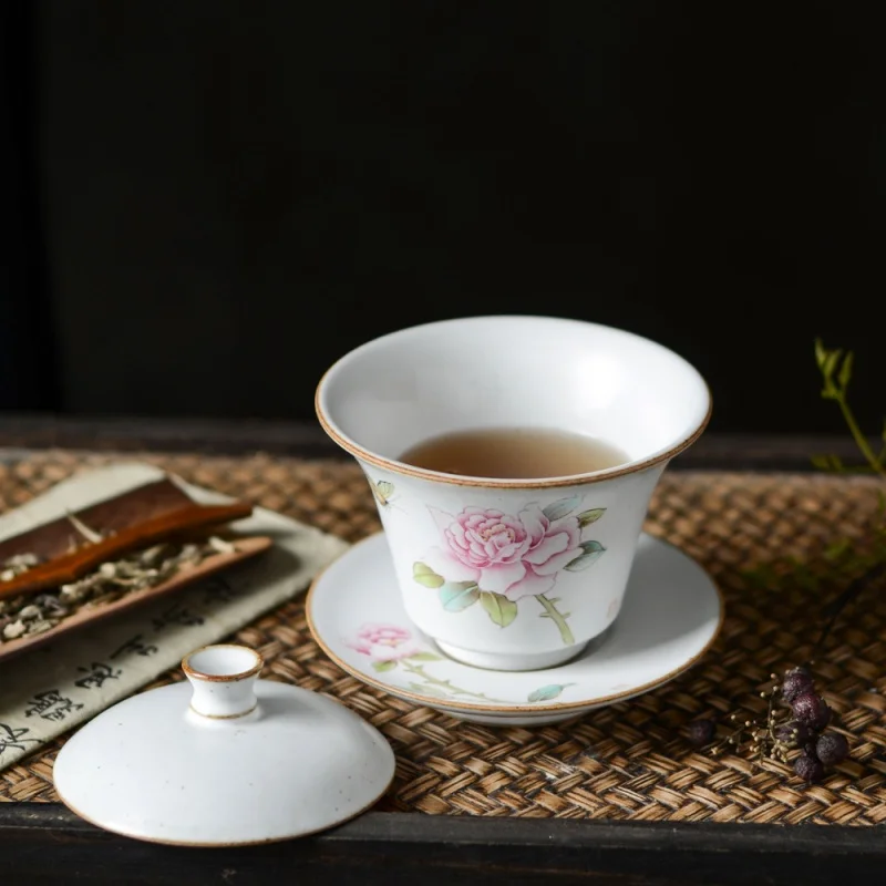 Jingdezhen Hand-Painted Colorful Butterfly Camellia Sancai Gaiwan Tea Cup Set Single Ru Ware Ceramic Tea Brewing Cup Kung Fu Tea