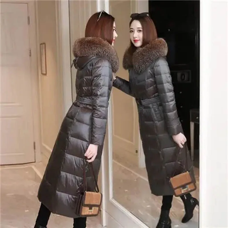 Women's Long White Down  Hooded Fashion Loose Slim Fur Collar Coat Western Style Explosion Winter Warm Coat Female Tide5XL