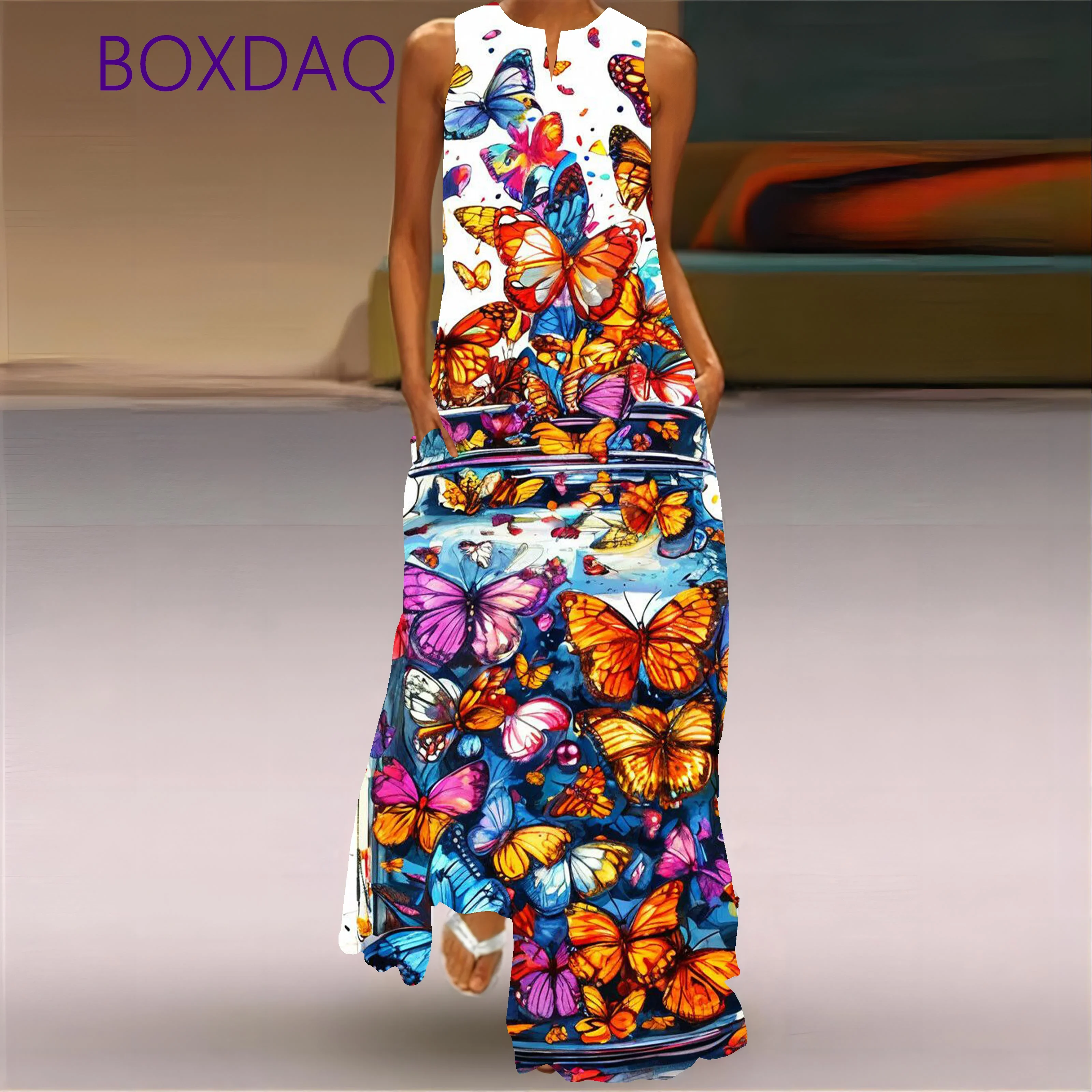 Large Size 3XL Women Long Dress Summer Vintage 3D Butterfly Printed Maxi Dresses For Women Sleeveless V-neck Loose Casual Robe