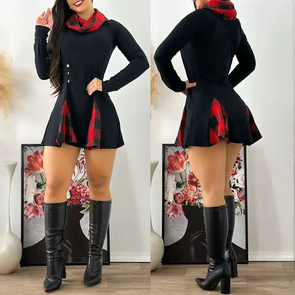 

Women Pile Collar Dress Splice Long Sleeve A Line Slim Fit Short Dresses Midi Waist Elegant Office Lady Vestidos Plaid