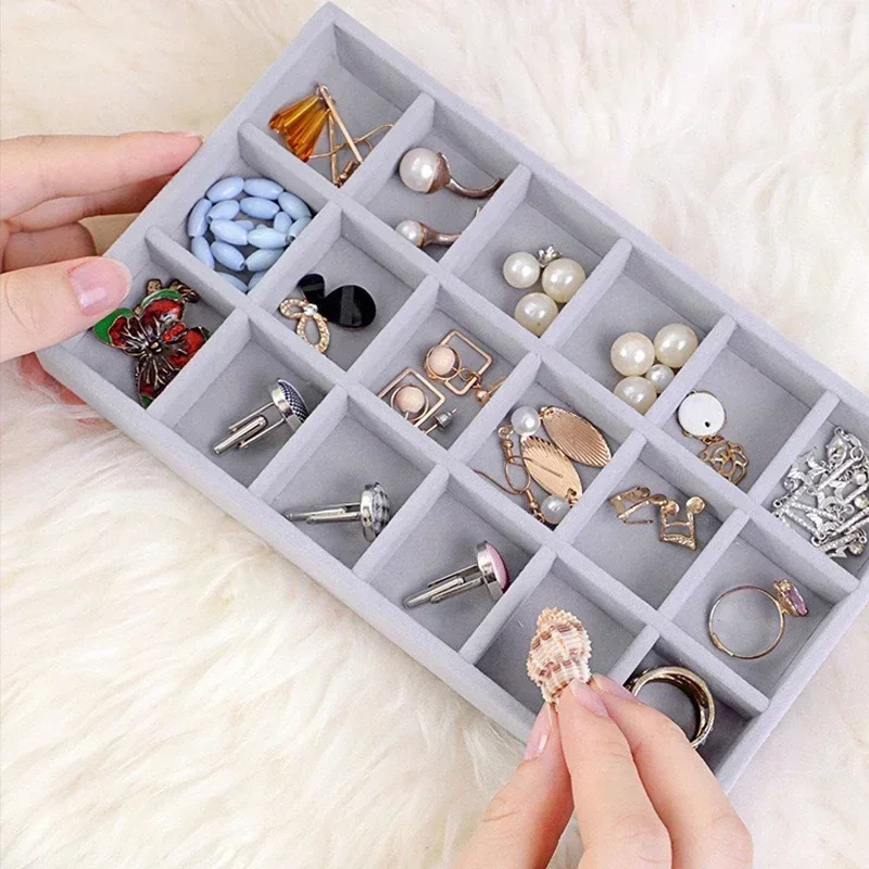 Grey Flannel Jewelry Storage Box Household Drawer Earrings Necklace Ring Tray Head Rope Ear Clip Display Storage Tray Box New