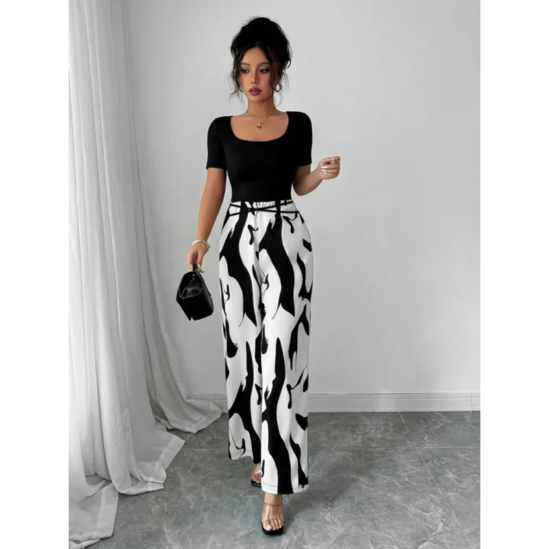 

New Hot-Selling Elegant Solid Color Flare Short Sleeve Waist Tie Wide Leg Pants Romper Women Jumpsuits Summer Streetwear