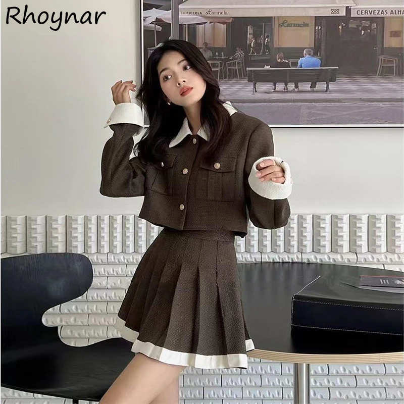 

Dress Sets Women Short Coats Mini Skirts Pleated Panelled Empire Elegant Temperament Chic Female Fall Winter Aesthetic Literary