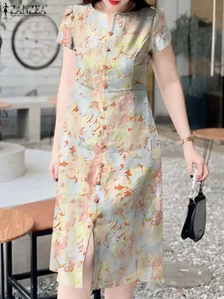 ZANZEA Women Floral Print Midi Dress Holiday Summer Short Sleeve Sundress 2024 Fashion New Slit Vestidos Oversized V-neck Dress