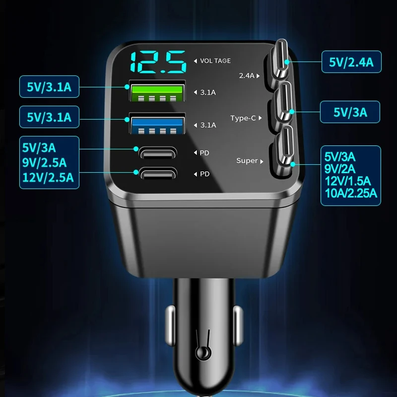 7 in 1 Retractable Car Charger with Roof Starry Lamp,148W Max 4 Ports USB+PD Phone Charger Fast Charging with Digital Voltmeter