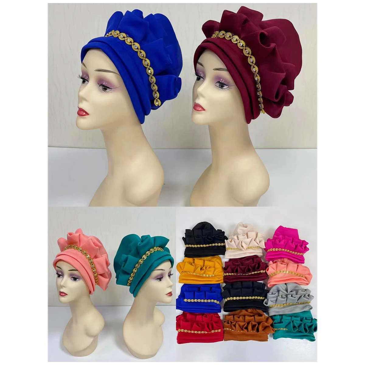 Wholesale Fashion Muslim Female Turban Hat Bonnet Gold Velvet Hot Rhinestone Solid Indian Beanie Hair Bonnets Cap For Women