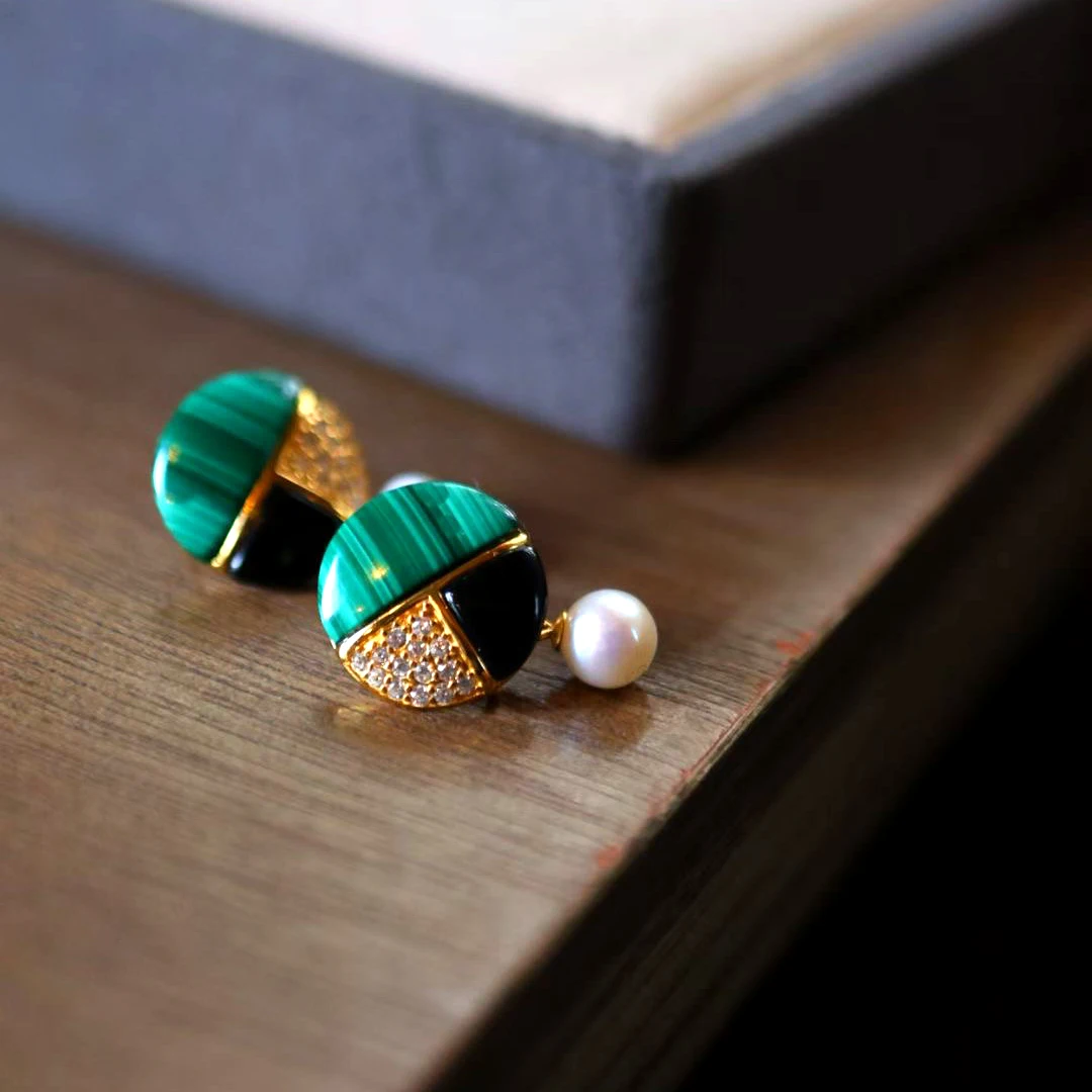 Malachite Black Agate Earrings 925 Sterling Silver Jewelry Pearl Woman Gift Female New In Natural Vintage Luxury High Quality