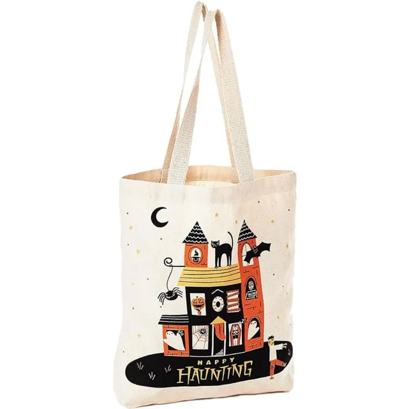 Happy Haunting Halloween Haunted House Black Cat Bat Moon Canvas Tote Bag Retro Cartoon Print Large Reusable Shopping Handbag