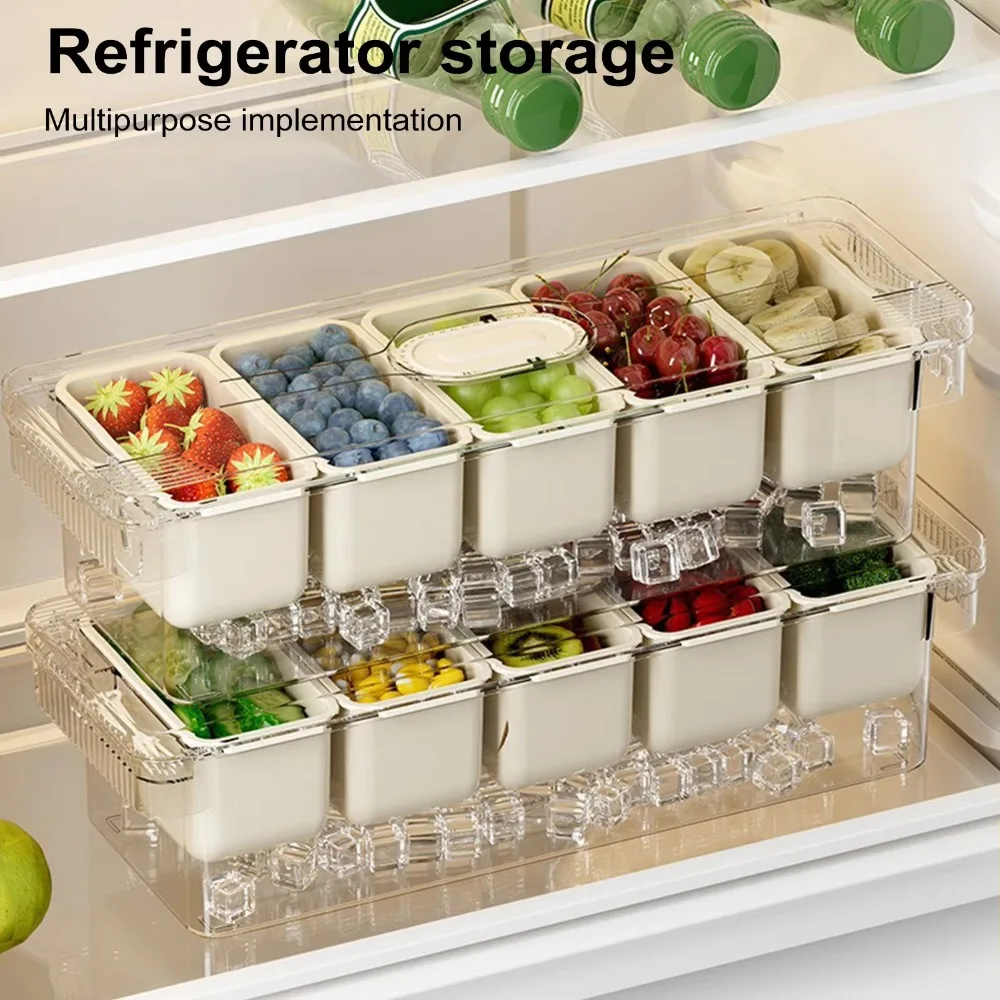 

New 5 Grid Fresh Iced Box Detachable Transparent Fridge Fruit Box with Lid Handle Refrigerator Storage Box
