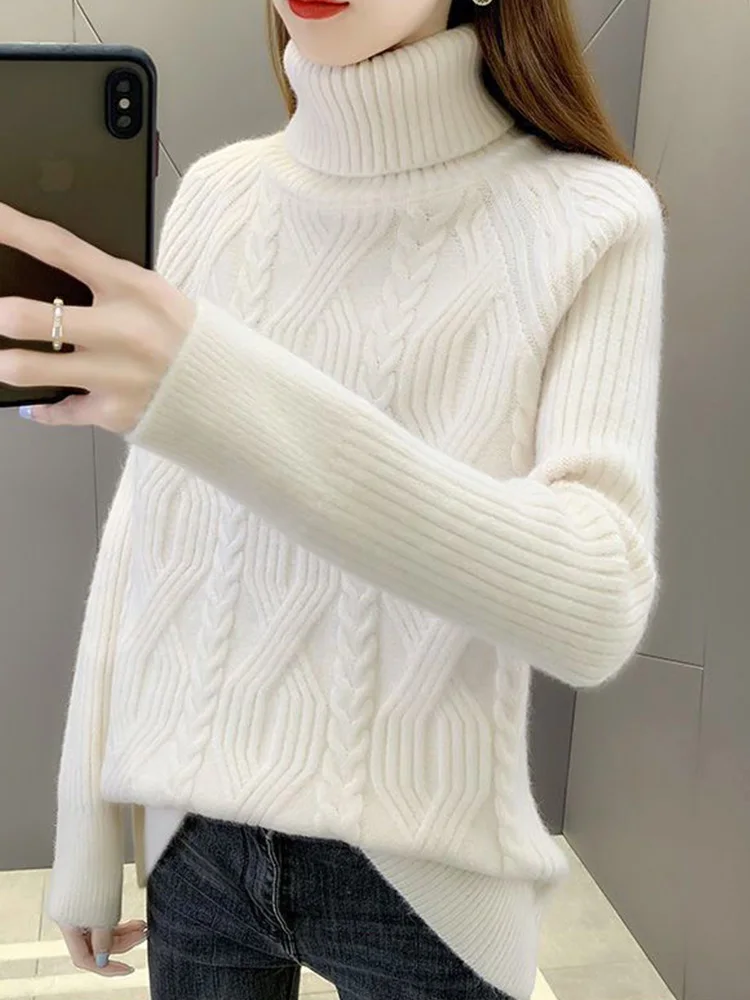 Women's High Collar  Color Knitwear Short Long Sleeve Warm Casual Style Fashionable Retro Base Layer Shirt Trendy