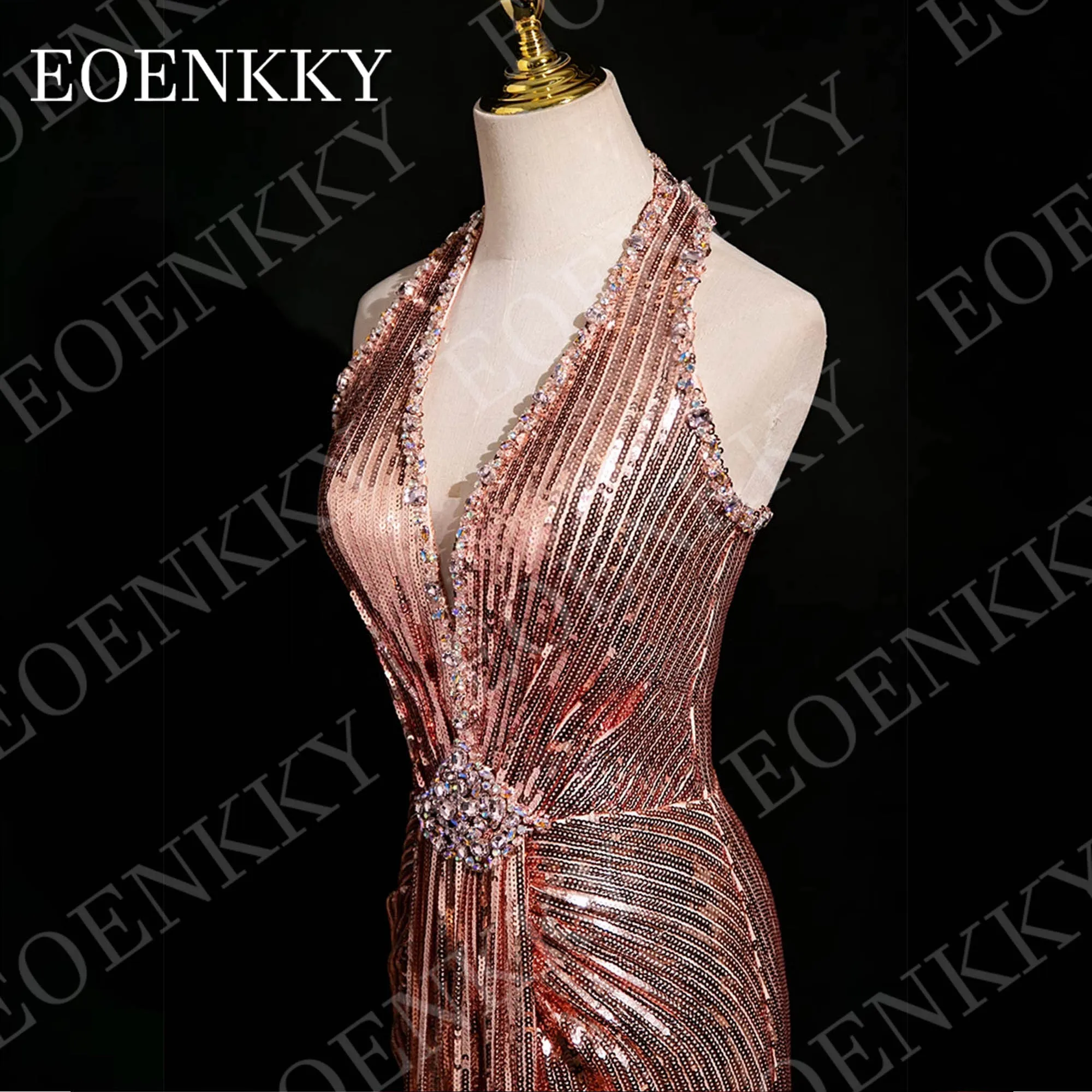 EOENKKY Elegant Sparkly Evening Dresses for Wedding Mermaid Sequin Beaded V Neck Prom Dress Halter Neck Customized فساتين سهرة