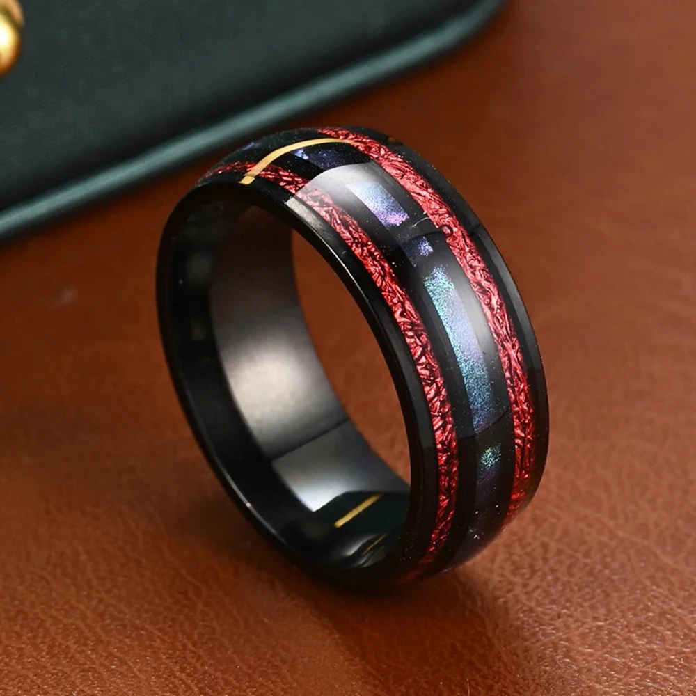 Fashion 8mm Black Stainless Steel Abalone Shell Rings for Men Inlay Red Meteorite Rings Men Wedding Party Jewelry Christmas Gift