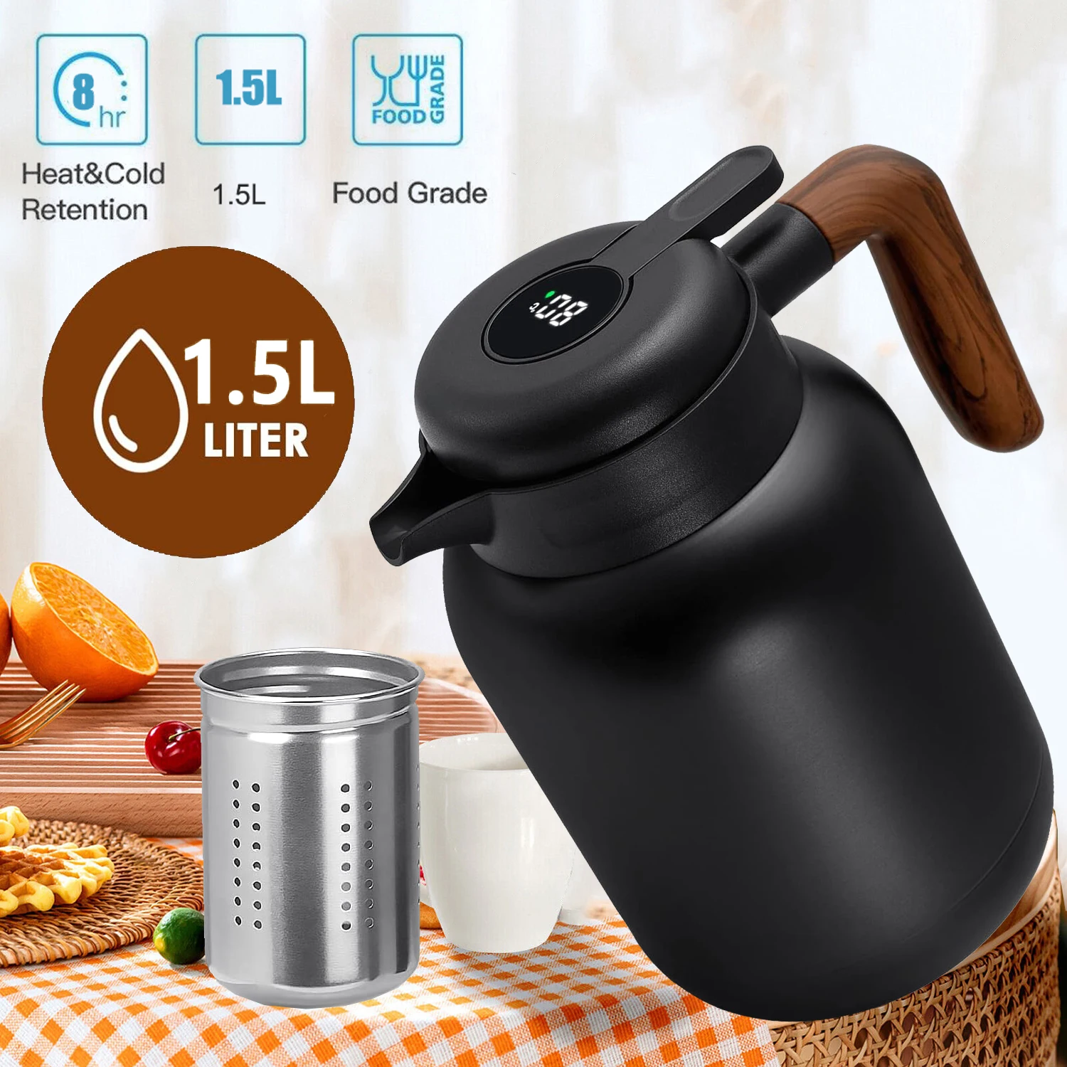 Caraffa termica da 1,5 litri per caffè, in acciaio inossidabile, con doppia parete e isolamento sottovuoto, adatta per bevande calde e fredde, caffè e tè.