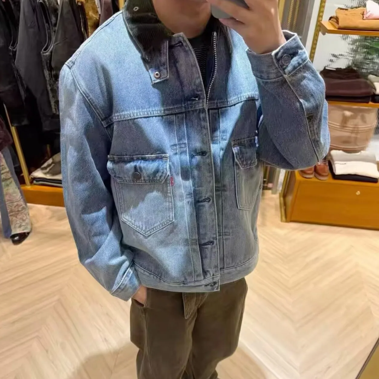 Retro British Style Washed out Checkered Multi-Pocket Corduroy Collar Collaboration Workwear Denim Jacket Outerwear for Men