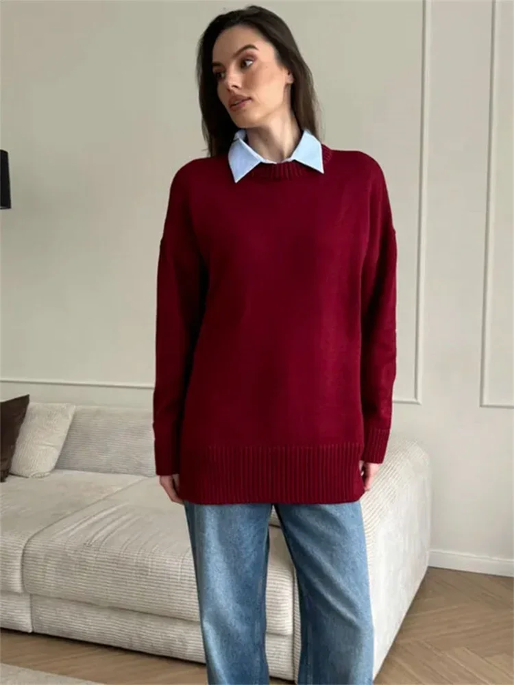 

Autumn Knit Sweater Pullover For Women Ribbed Long Sleeve Solid Loose Patchwork Knitwear Top Female Casual Pullovers Top